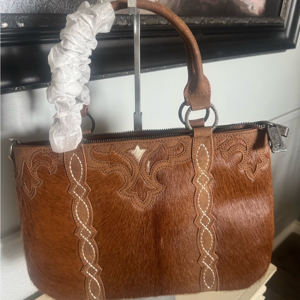 Brown Leather Cowhide Satchel Handbag